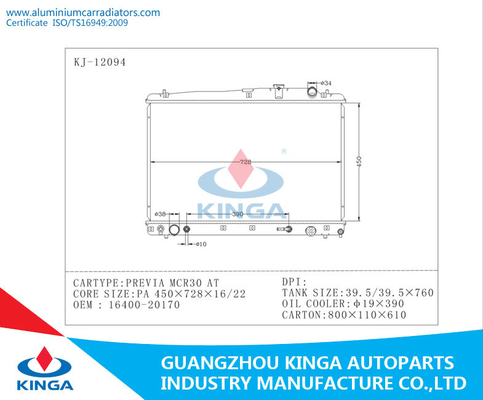 Radiateur 2003 de Toyota pour la PA 16/22 d'OEM 16400-20170 de PREVIA MCR30 À fournisseur