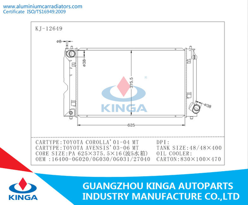 TOYOTA COROLLA 01-04 radiateurs domestiques de la TA de TOYOTA AVENSIS 03-06 de radiateur de représentation fournisseur