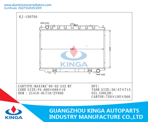 Maximum de soudure d'aluminium de radiateur de Nissan 95 - 02 A32 OEM 21410 - 0L710/2Y900 fournisseur