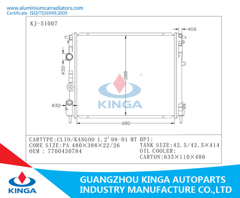 OEM en aluminium 7700430784 de Raidators de voiture de la TA 98-01 RENAULT de CLIO/KANGOO 1,2 fournisseur