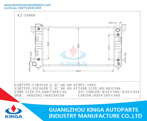 Radiateur de la voiture 4682587/4682587AB d'OEM pour la CARAVANE 2.4L 1996-2000/VOYAGER 2.4L 1996-2000 fournisseur