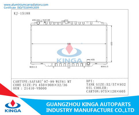 Radiateurs en aluminium de voiture d'industrie de système de refroidissement pour la TA 21410-VB000 de Nissan SAFARI'97-99 WGY61 fournisseur