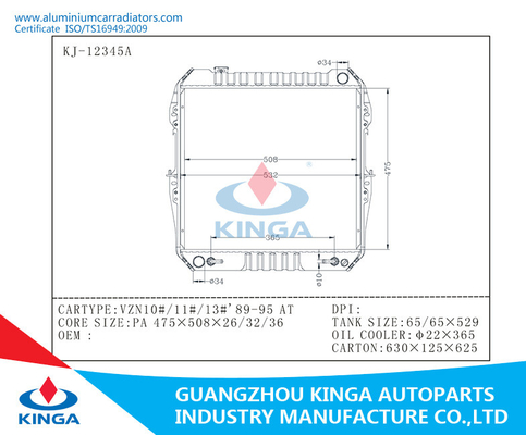 Radiateur automatique de voiture pour Toyota Vzn10#/11#/13# 89-95 au noyau en aluminium avec les réservoirs en plastique fournisseur