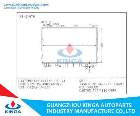 Radiateurs en aluminium de voiture de Kia pour Carens'02-Mt, radiateur des véhicules à moteur d'OEM 0K2FA-15-200 fournisseur