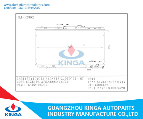 Radiateurs en aluminium de voiture d'OEM 16400-0BO30 pour TOYOTA AVENSIS 2.0TD'97-MT fournisseur