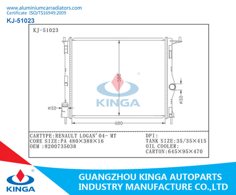 Radiateur KJ-51023 en aluminium fait sur commande pour Renault Logan'04-MT avec OEM 8200735038 fournisseur